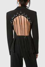 Vienna Hollow Fringe Backless Blazer In Black Flowering Girl