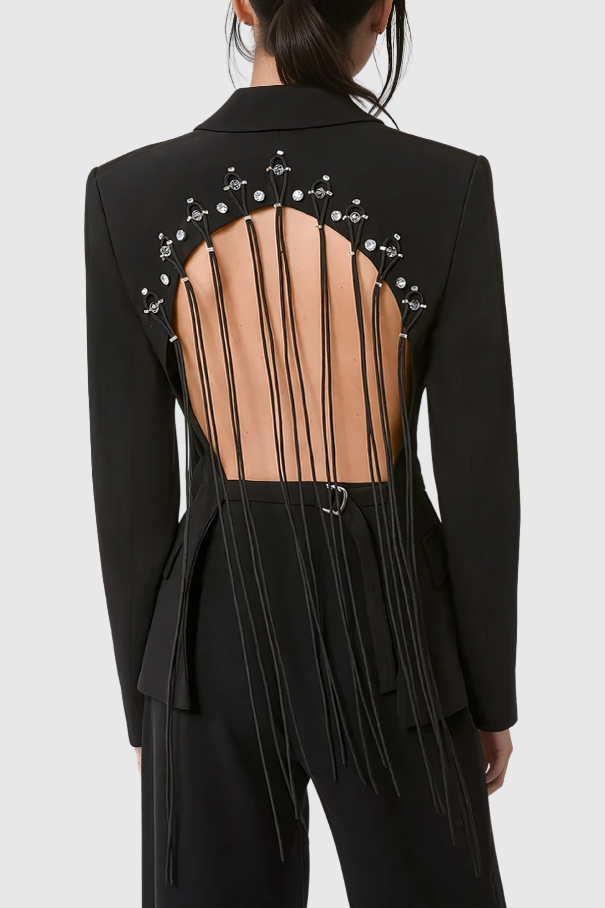 Vienna Hollow Fringe Backless Blazer In Black Flowering Girl