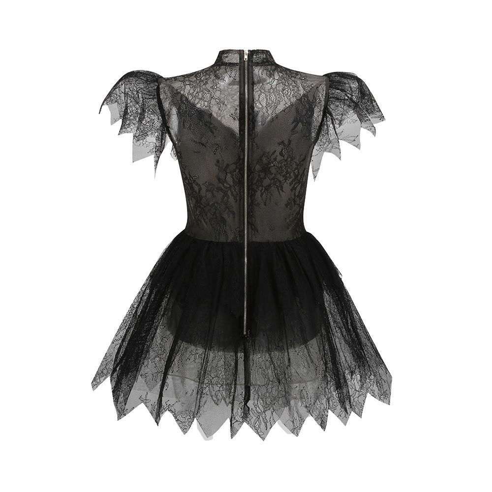 Black Floral Lace Fit-And-Flare Dress Flowering Girl