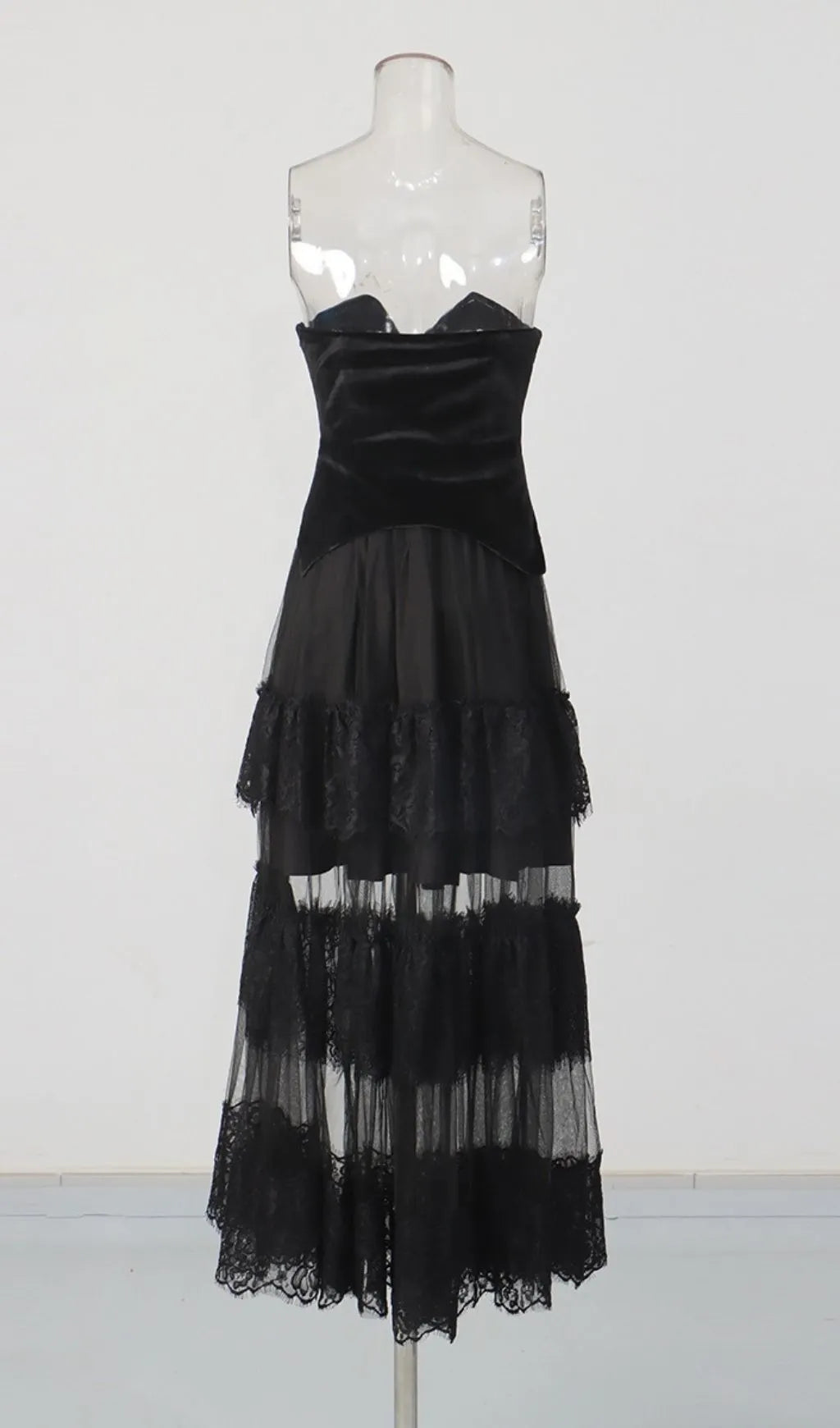 Mahah Black Strapless Lace Maxi Dress Flowering Girl