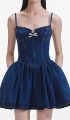 Denim Diamante Bow Sweetheart Mini Dress Flowering Girl