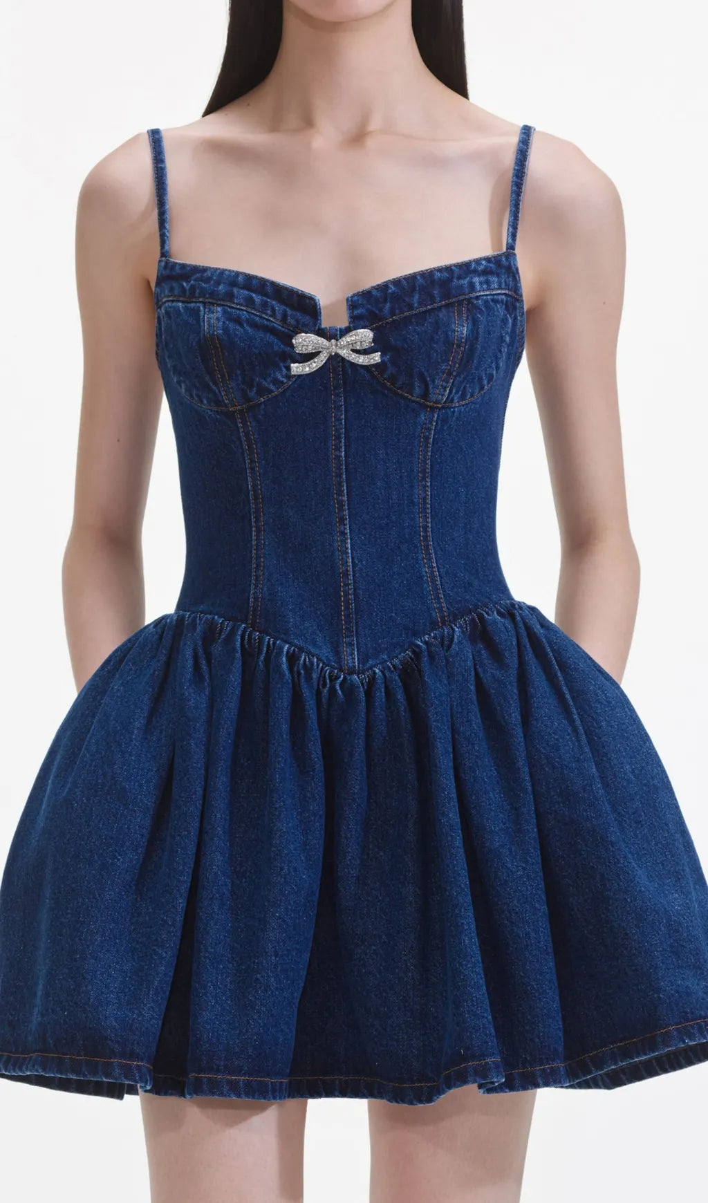Denim Diamante Bow Sweetheart Mini Dress Flowering Girl