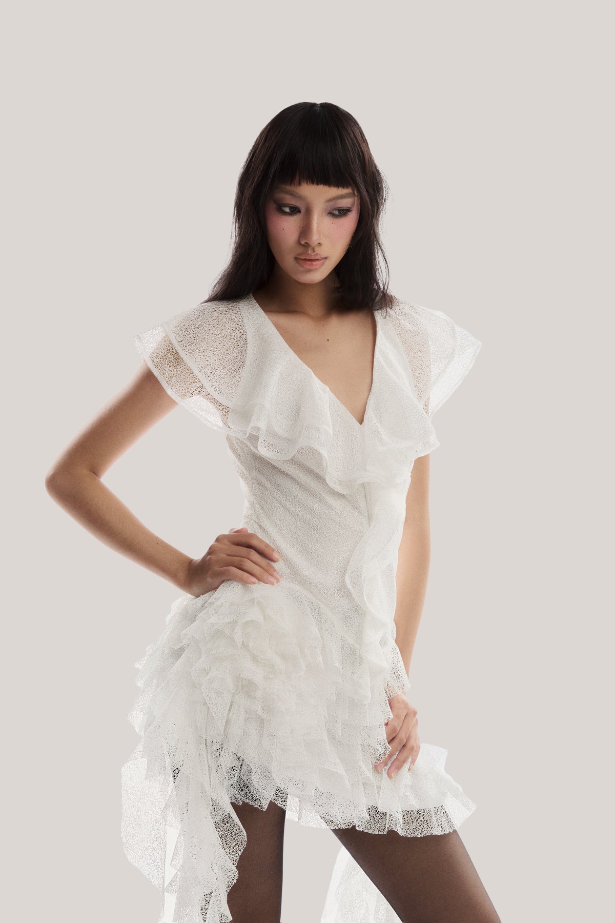 Moira Irregular Ruffled Mini Dress In White Flowering Girl