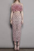 Audrey Pink Feather Top Sequin Midi Skirt Set Flowering Girl