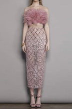 Audrey Pink Feather Top Sequin Midi Skirt Set Flowering Girl