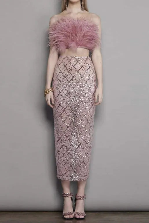 Audrey Pink Feather Top Sequin Midi Skirt Set Flowering Girl