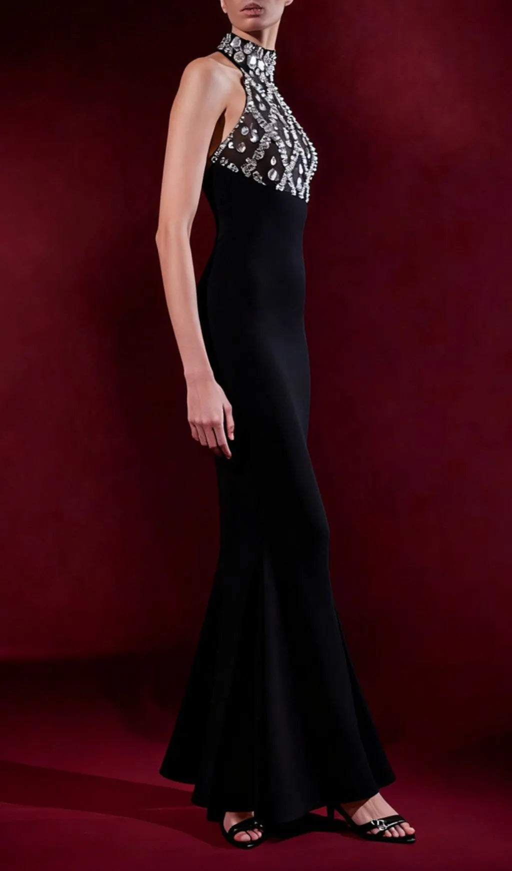 Iwao Black Halter Rhinestone Maxi Dress Flowering Girl