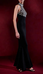 Iwao Black Halter Rhinestone Maxi Dress Flowering Girl