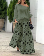 Casual Shoulder Top & Printed Pants Two-Piece Set Flowering Girl