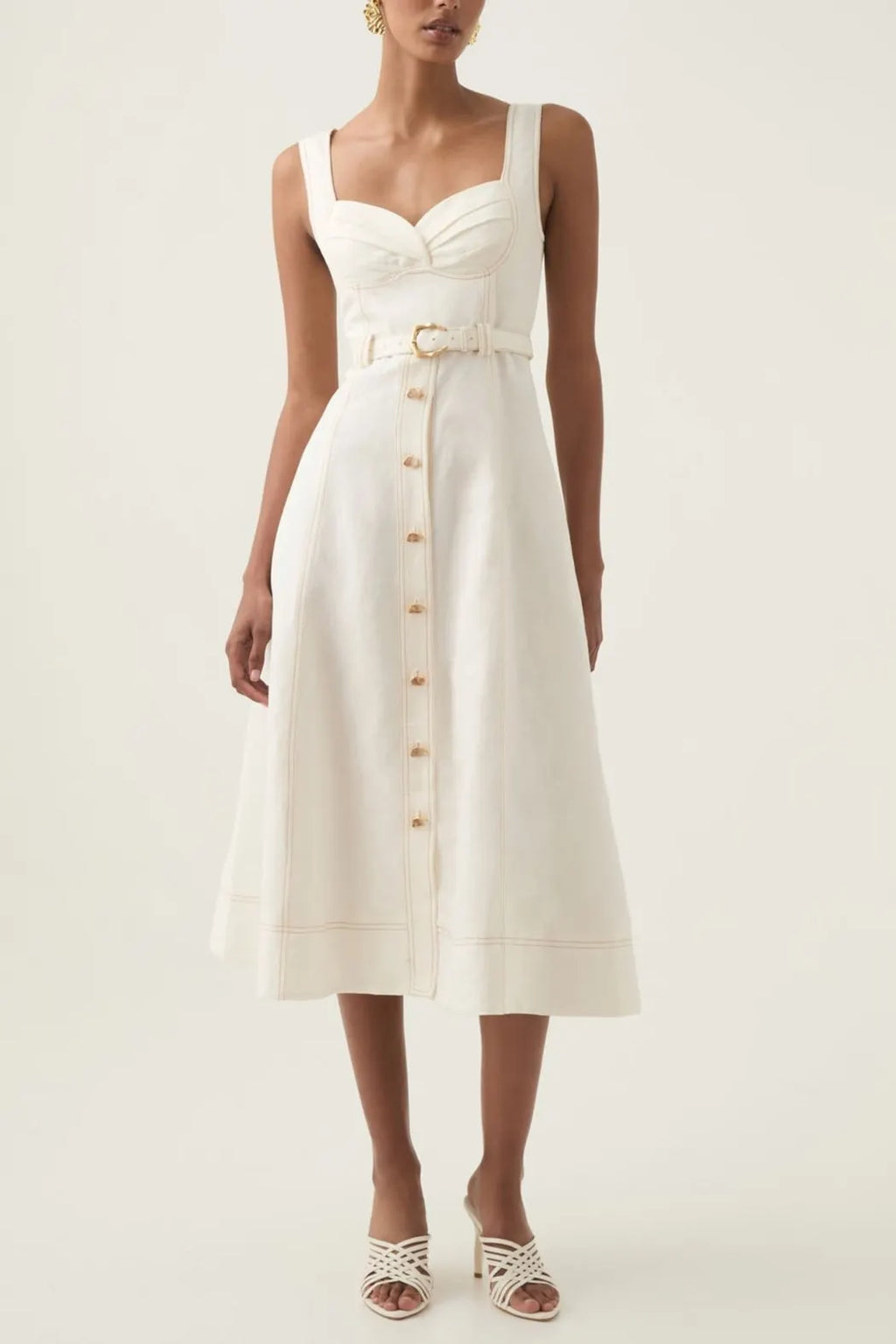 Sweetheart Neckline Belted Midi Dress In Ivory Flowering Girl
