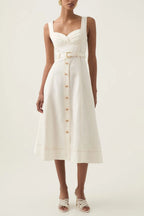 Sweetheart Neckline Belted Midi Dress In Ivory Flowering Girl