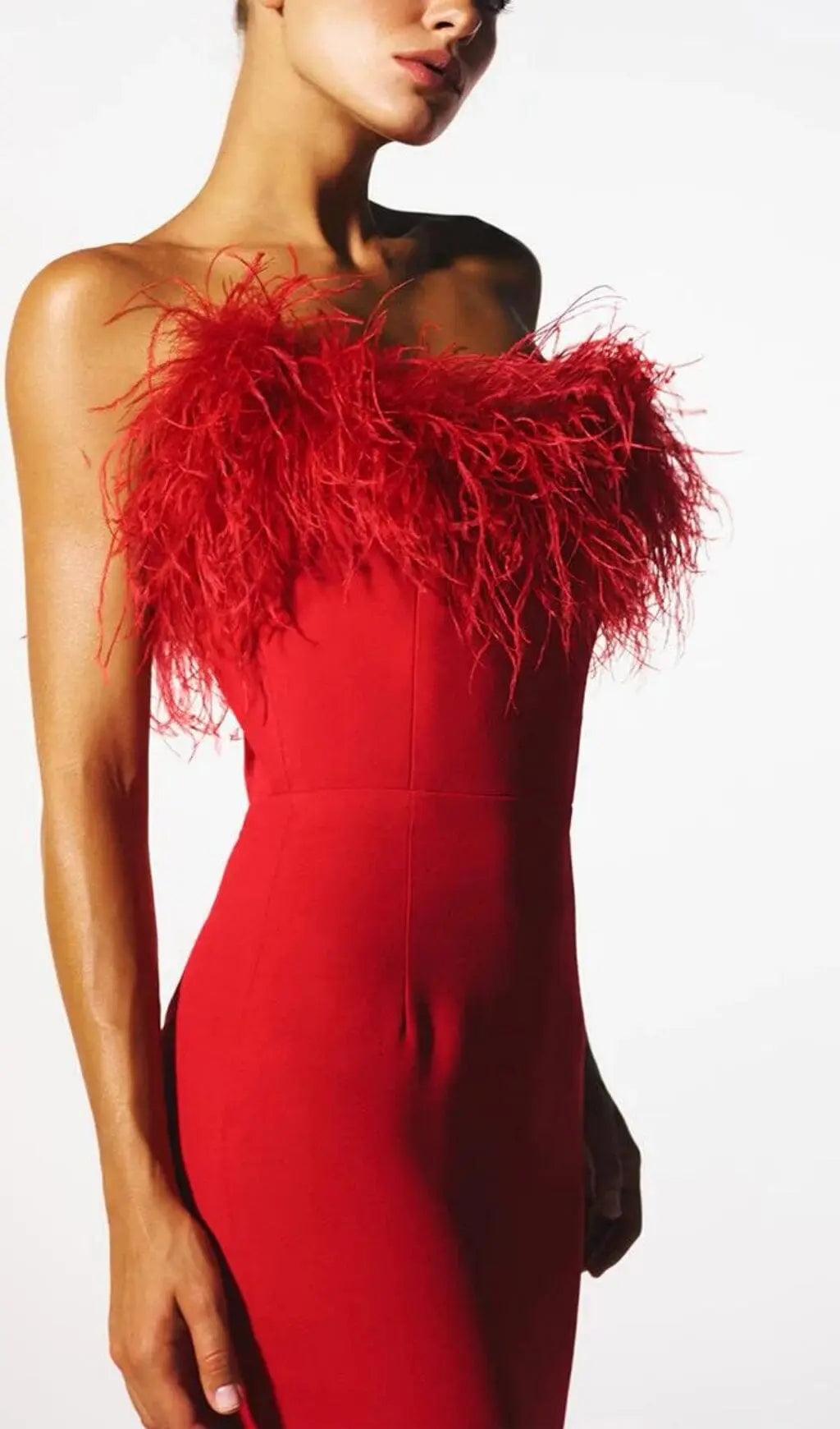 Stretch Strapless Feather Trimmed Gown In Red Flowering Girl