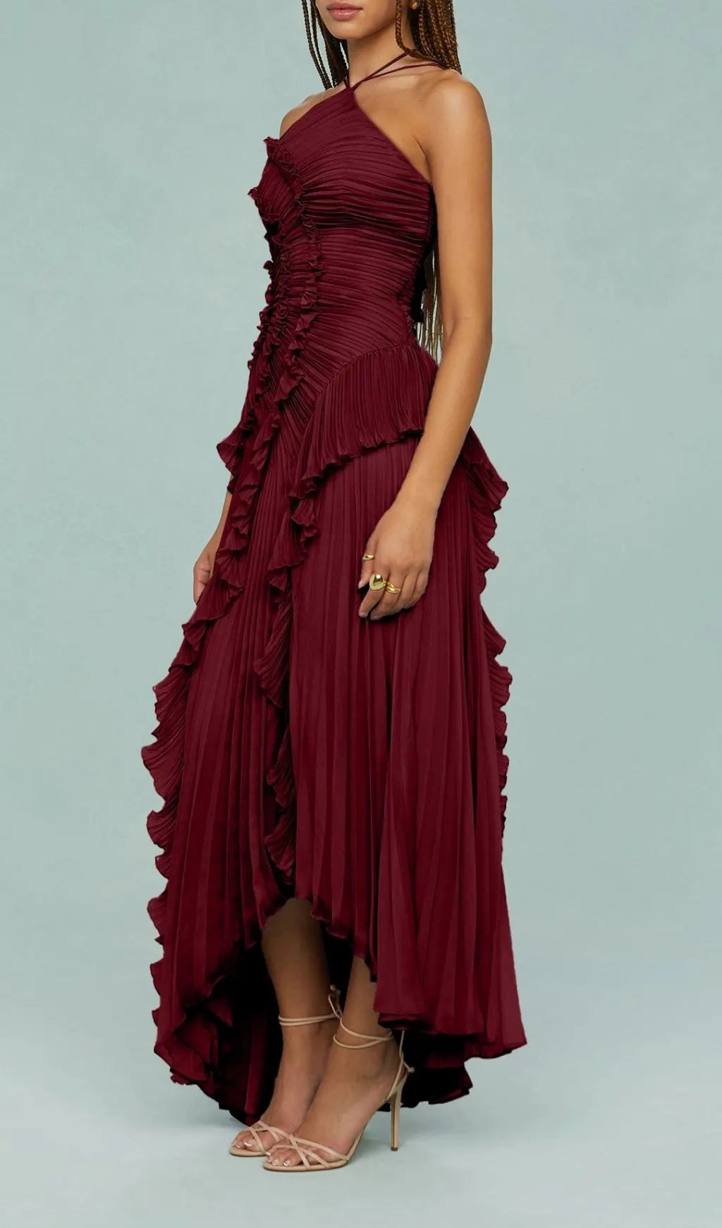 Finneas Red Halter Pleated Maxi Dress Flowering Girl