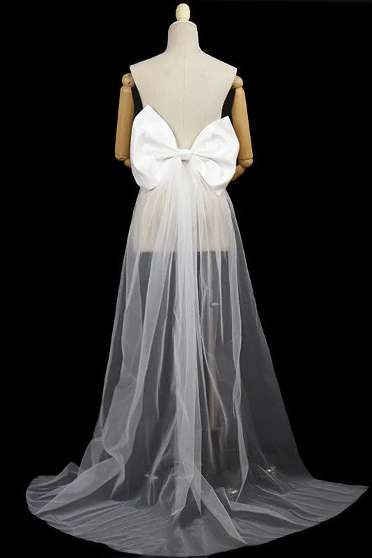 Oversized White Satin Giant Back Bow with Long Sheer Tulle Train Sash Flowering Girl