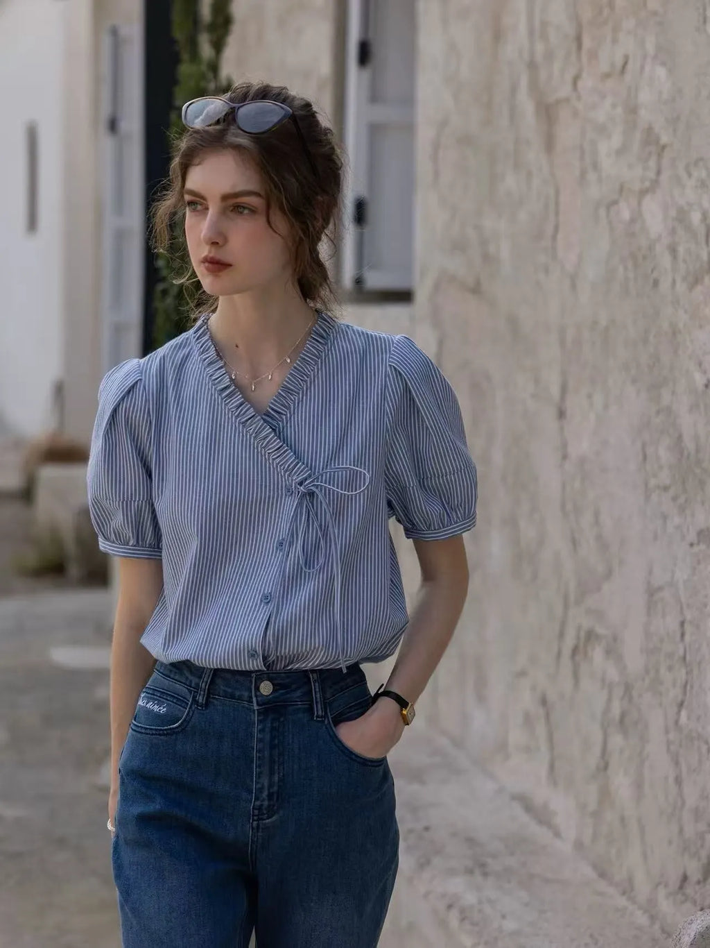 Blue Cotton Asymmetrical Striped Puff-Sleeve Shirt Flowering Girl