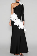Gemma One Shoulder 3D Flower Bandage Maxi Dress In Black Flowering Girl