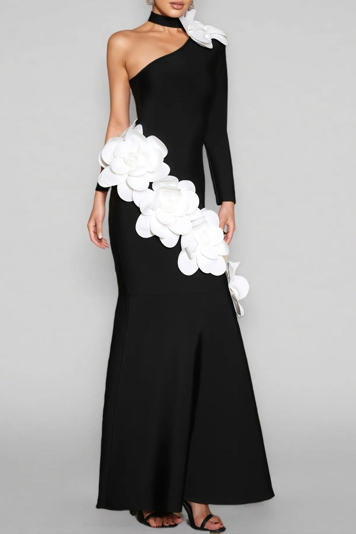 Gemma One Shoulder 3D Flower Bandage Maxi Dress In Black Flowering Girl