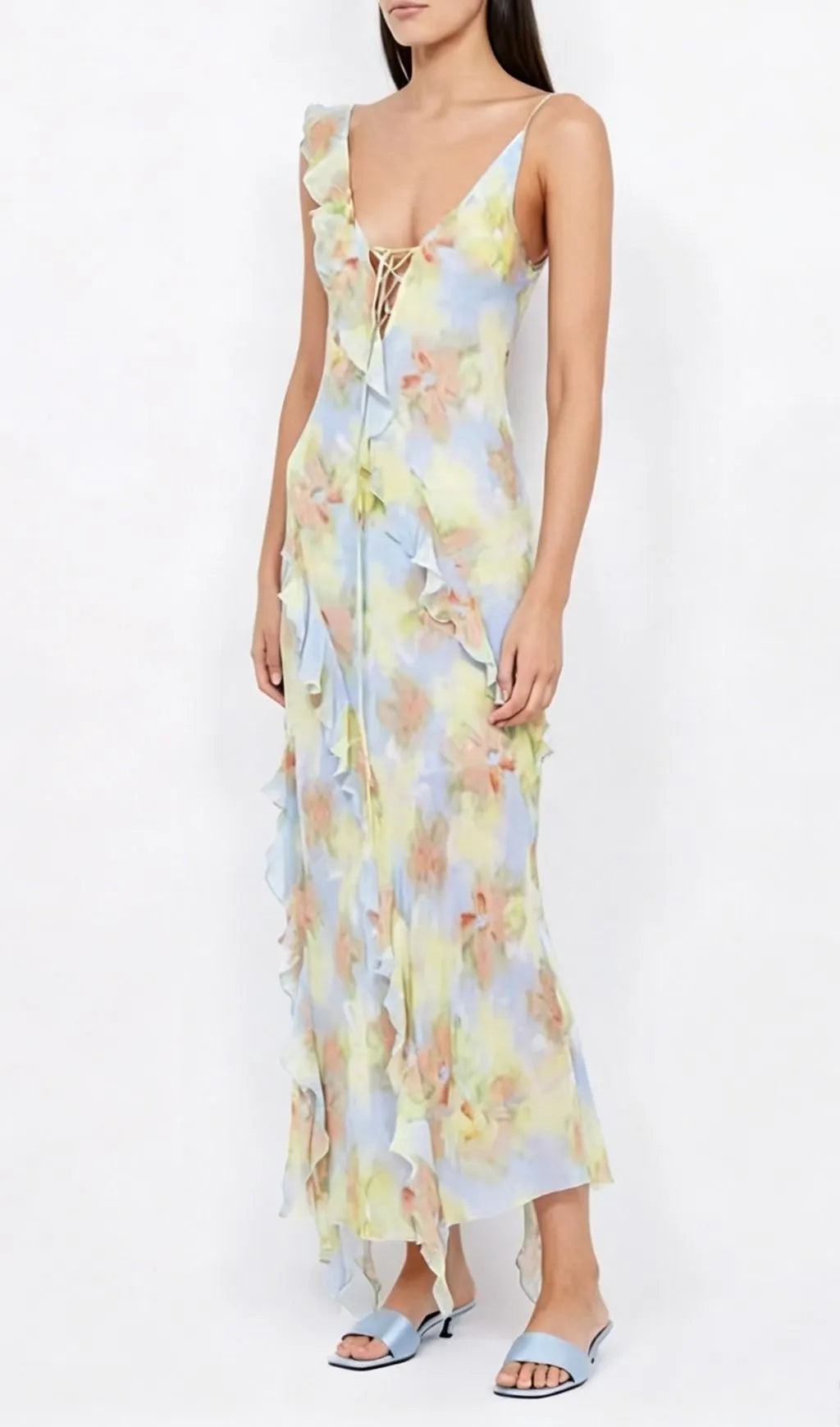 Jessie Blue Tie Dye V-Neck Ruffle Tie-Up Midi Dress Flowering Girl