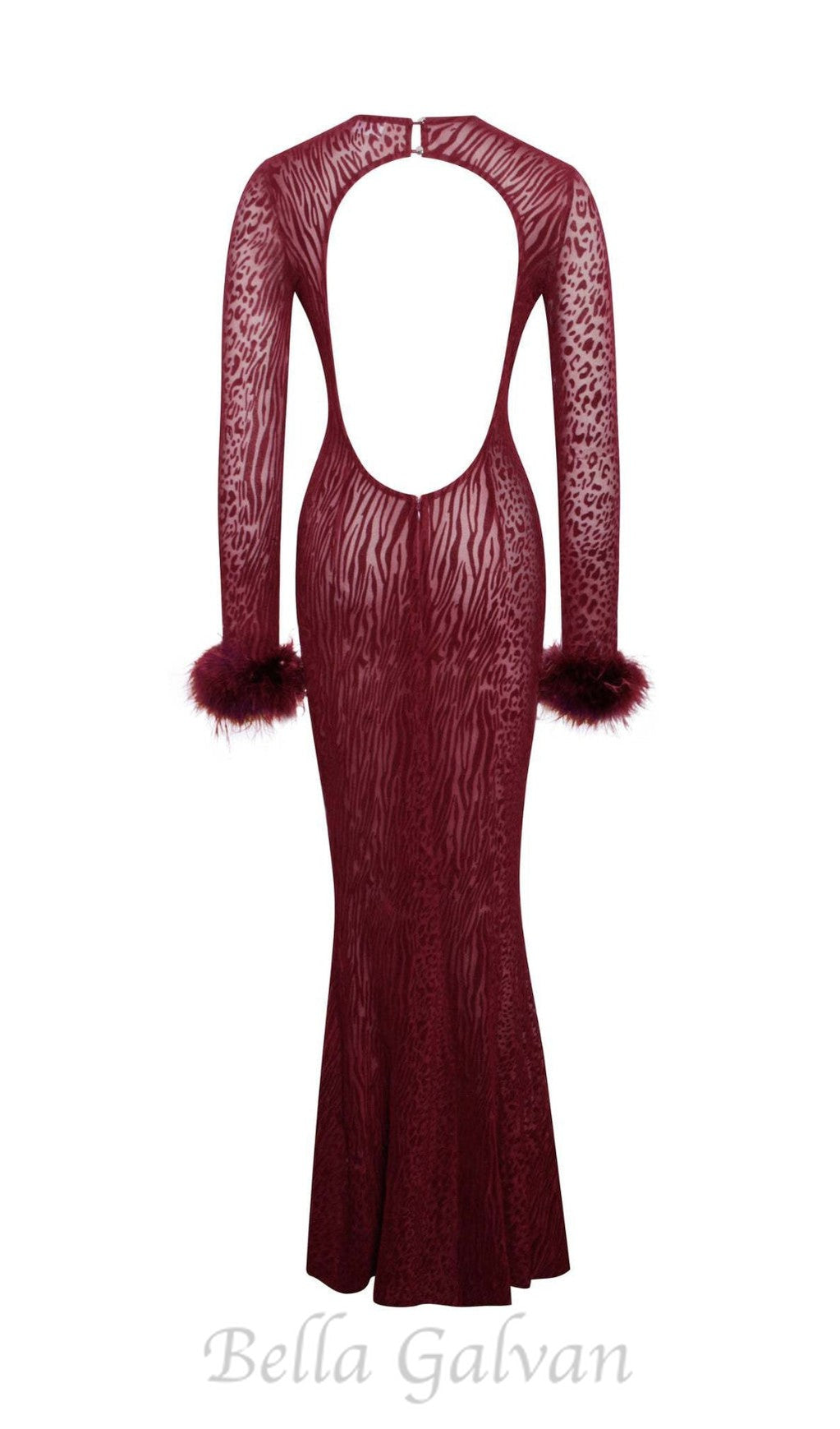 burgundy mesh feather maxi dress Flowering Girl