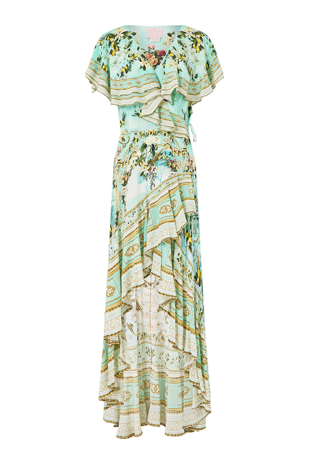 Green-Multi Printed Ruffled V-Neck Irregular Hem Silk Maxi Dress Flowering Girl
