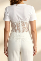 White Spliced Floral Lace Corset Short Sleeve T-shirt Flowering Girl