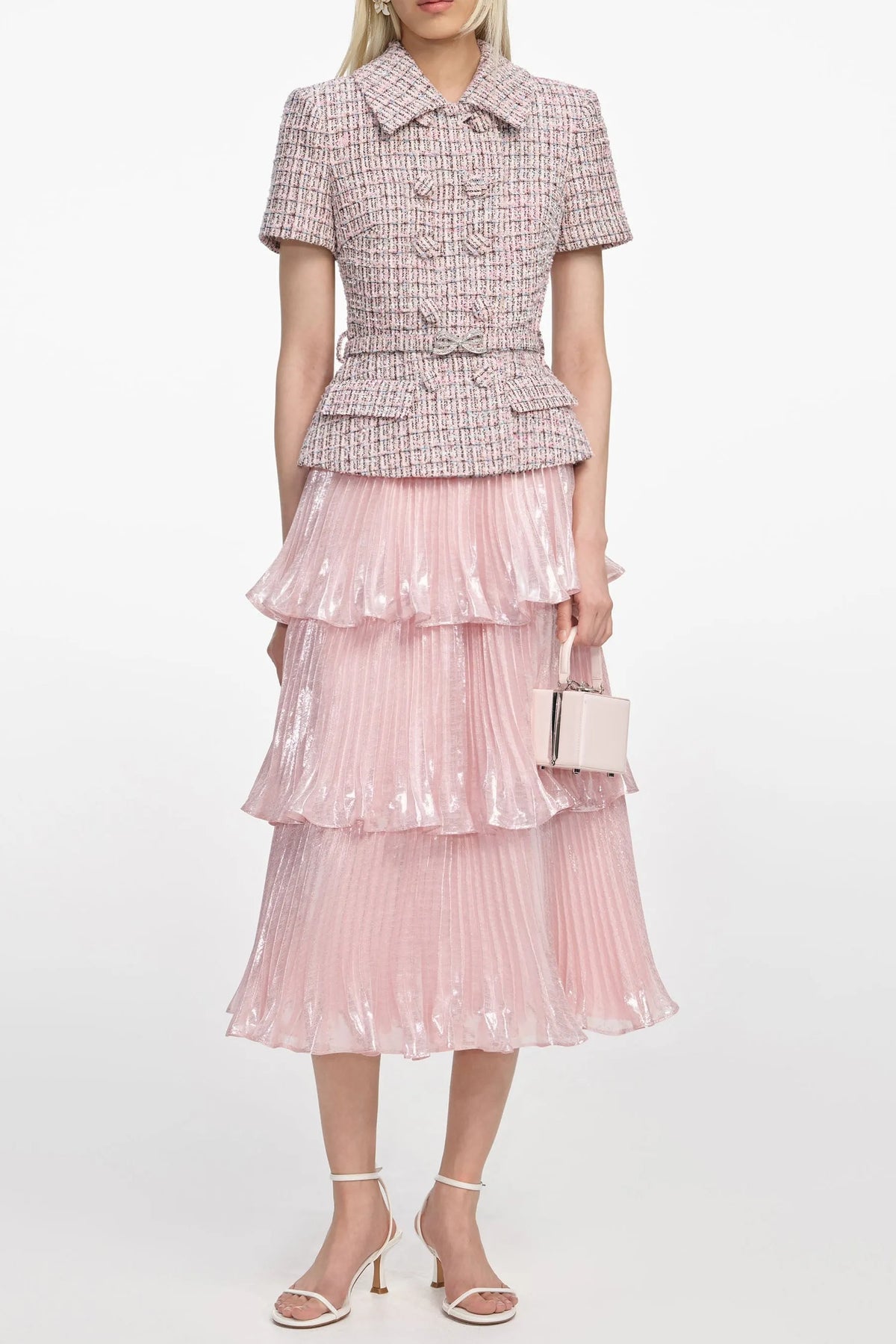 Beulah Pink Boucle Metallic Tiered Midi Dress Flowering Girl