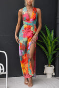 V Neck Sleeveless Tie Back Slit Floral Print Maxi Dress Flowering Girl