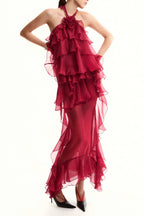 Bedelia Floral Halter Chiffon Ruffle Midi Dress Flowering Girl