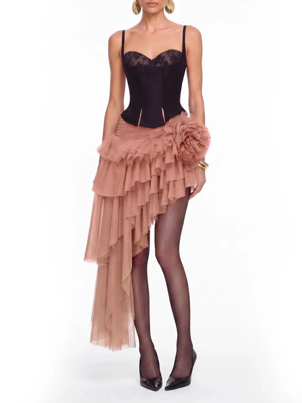 Tyveron Asymmetric Flower Skirt Set In Apricot Flowering Girl