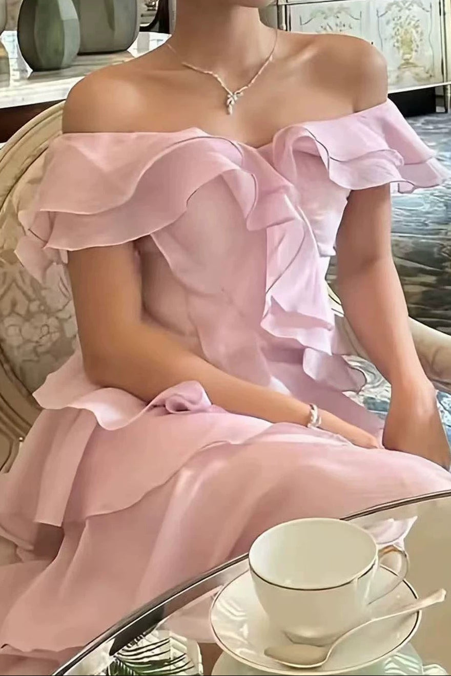 Off Shoulder Ruffled Layer Chiffon Maxi Evening Dress Flowering Girl