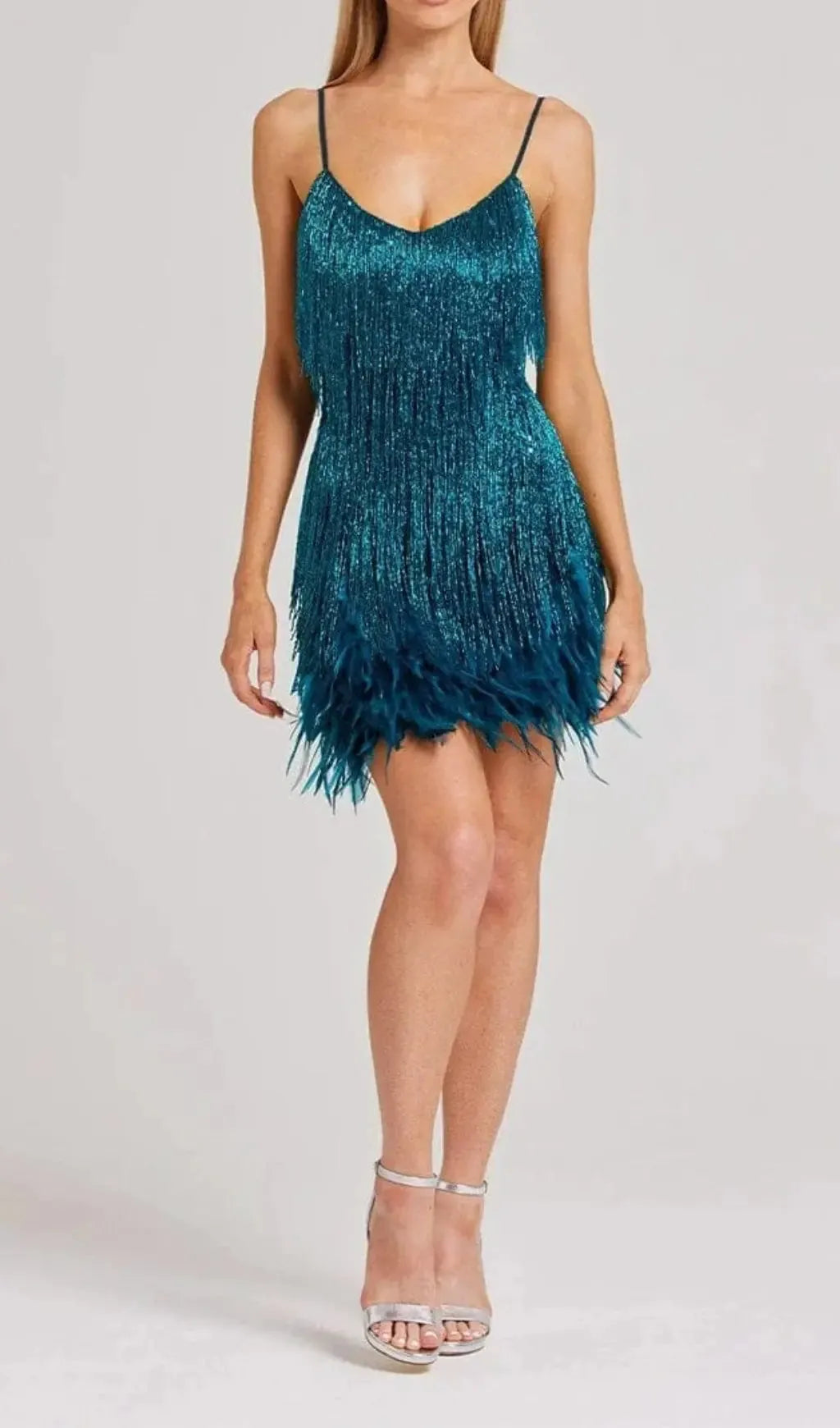 Tassel Feather Mini Dress In Dark Green Flowering Girl