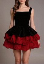 Alexandra Layer Wavy Trim Mini Dress - Black/Red Flowering Girl