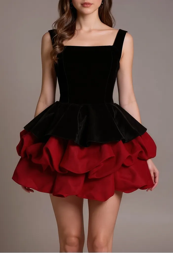 Alexandra Layer Wavy Trim Mini Dress - Black/Red Flowering Girl