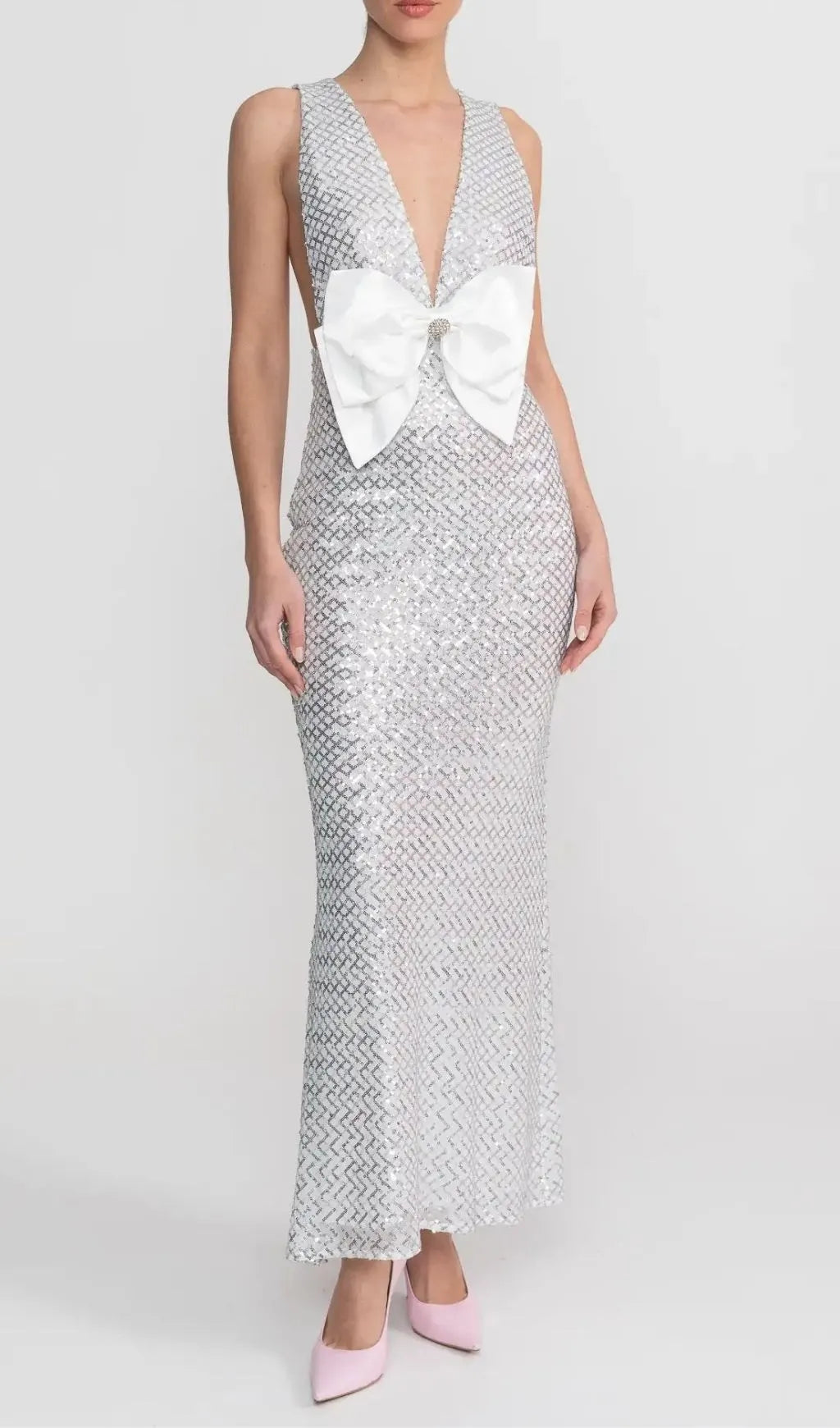 Sequin Maxi Dress With Satin Bow Detail - Light Grey Flowering Girl