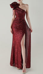 Ikia Red One-Shoulder Sequin Maxi Dress Flowering Girl