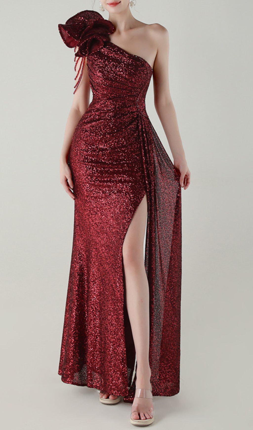 Ikia Red One-Shoulder Sequin Maxi Dress Flowering Girl