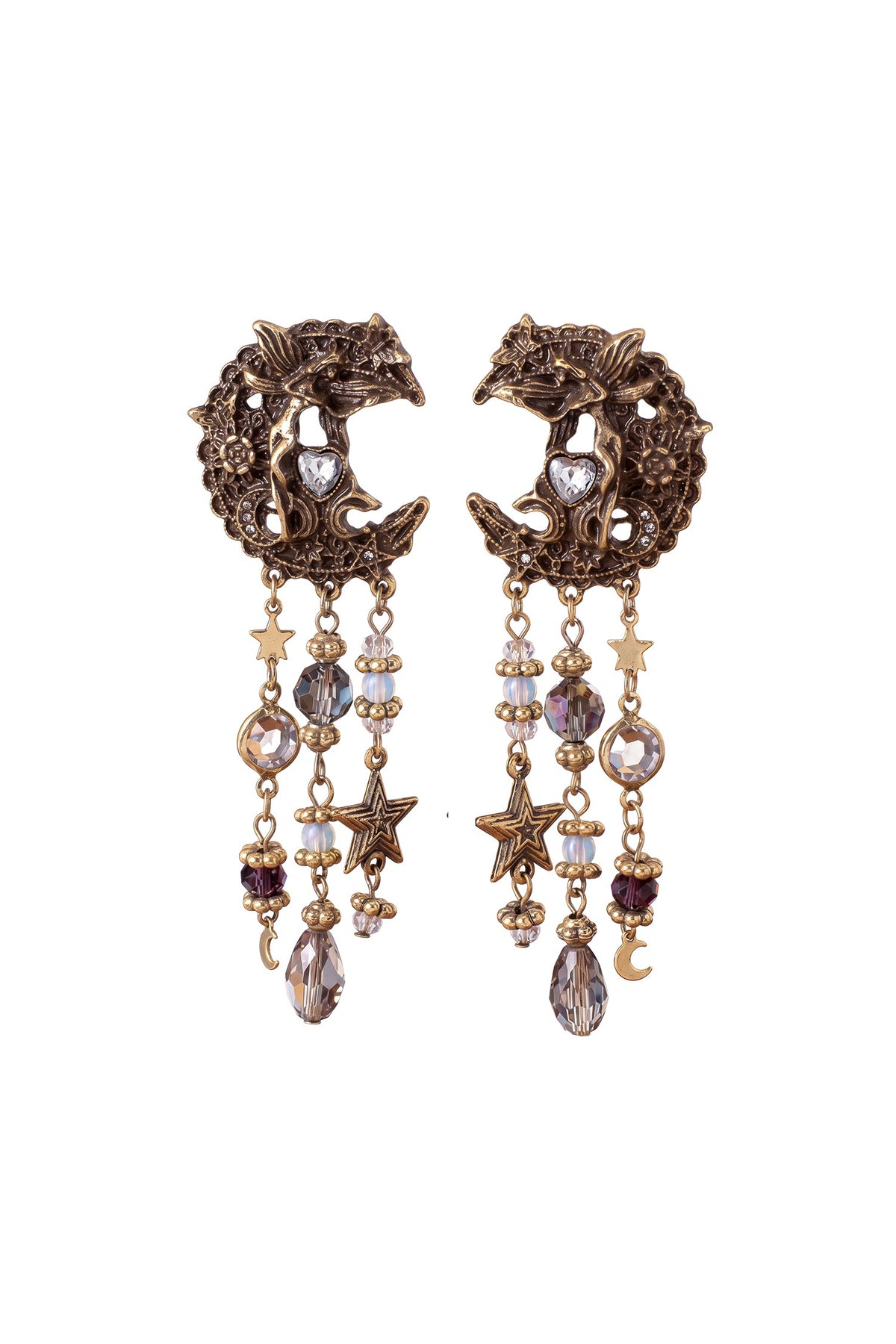 Vintage Fairy Moon Star Tassel Drop Earrings Flowering Girl