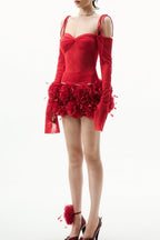 Lace Floral Appliqué Two Piece Set - Red Flowering Girl