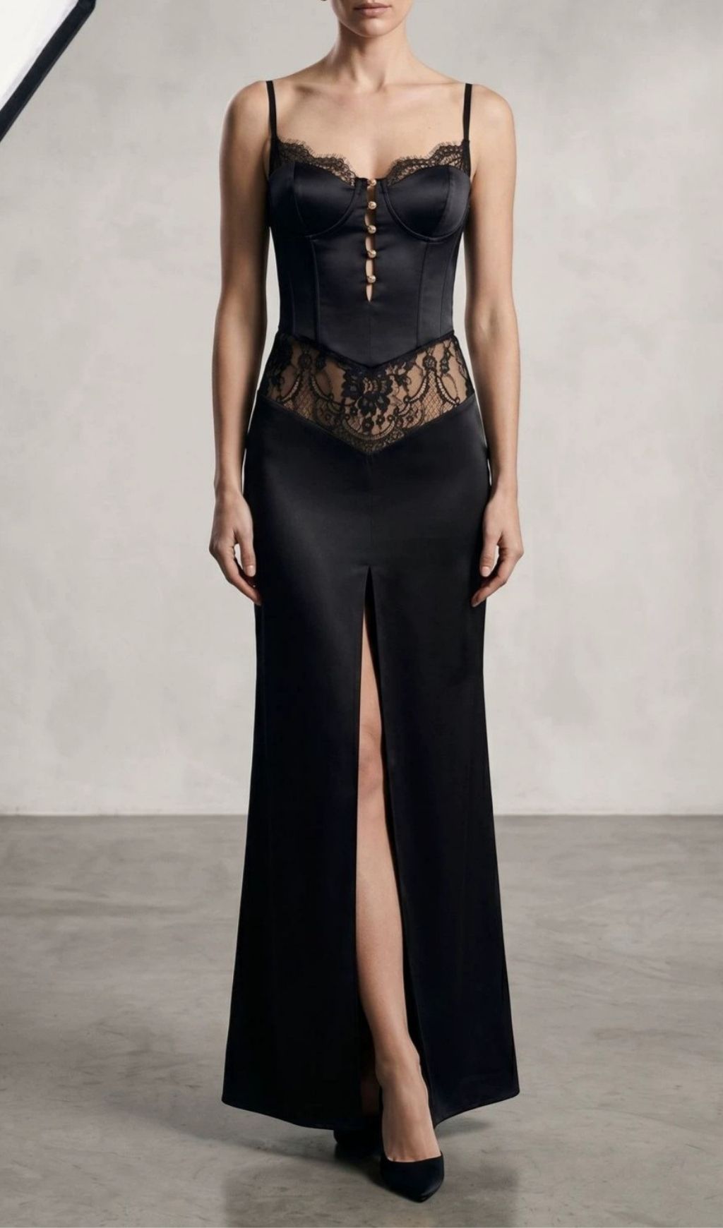 Satin Lace-Trimmed Slit Slip Maxi Dress In Black Flowering Girl