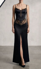 Satin Lace-Trimmed Slit Slip Maxi Dress In Black Flowering Girl