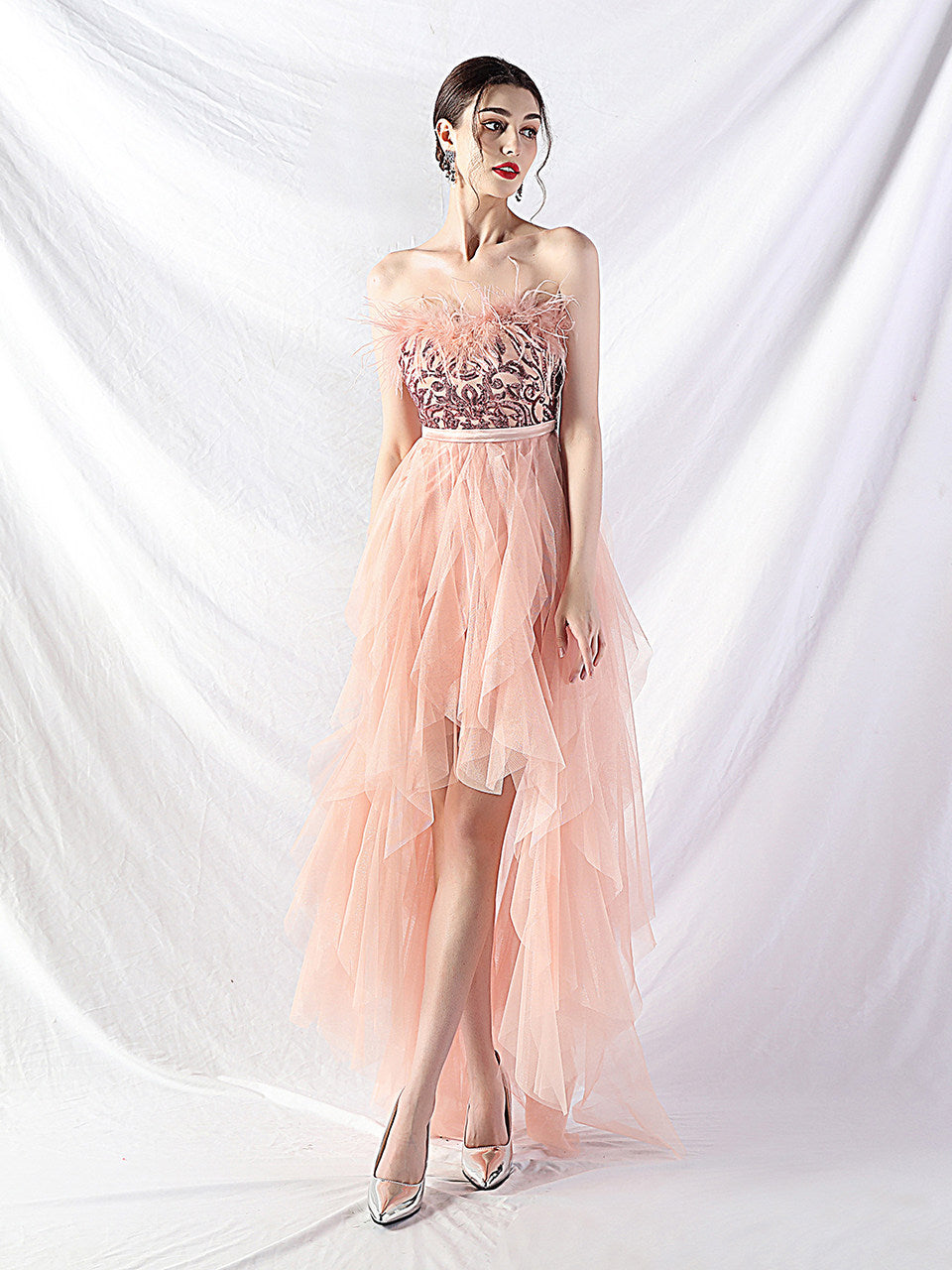 Strapless Feather Tulle Midi Dress Flowering Girl