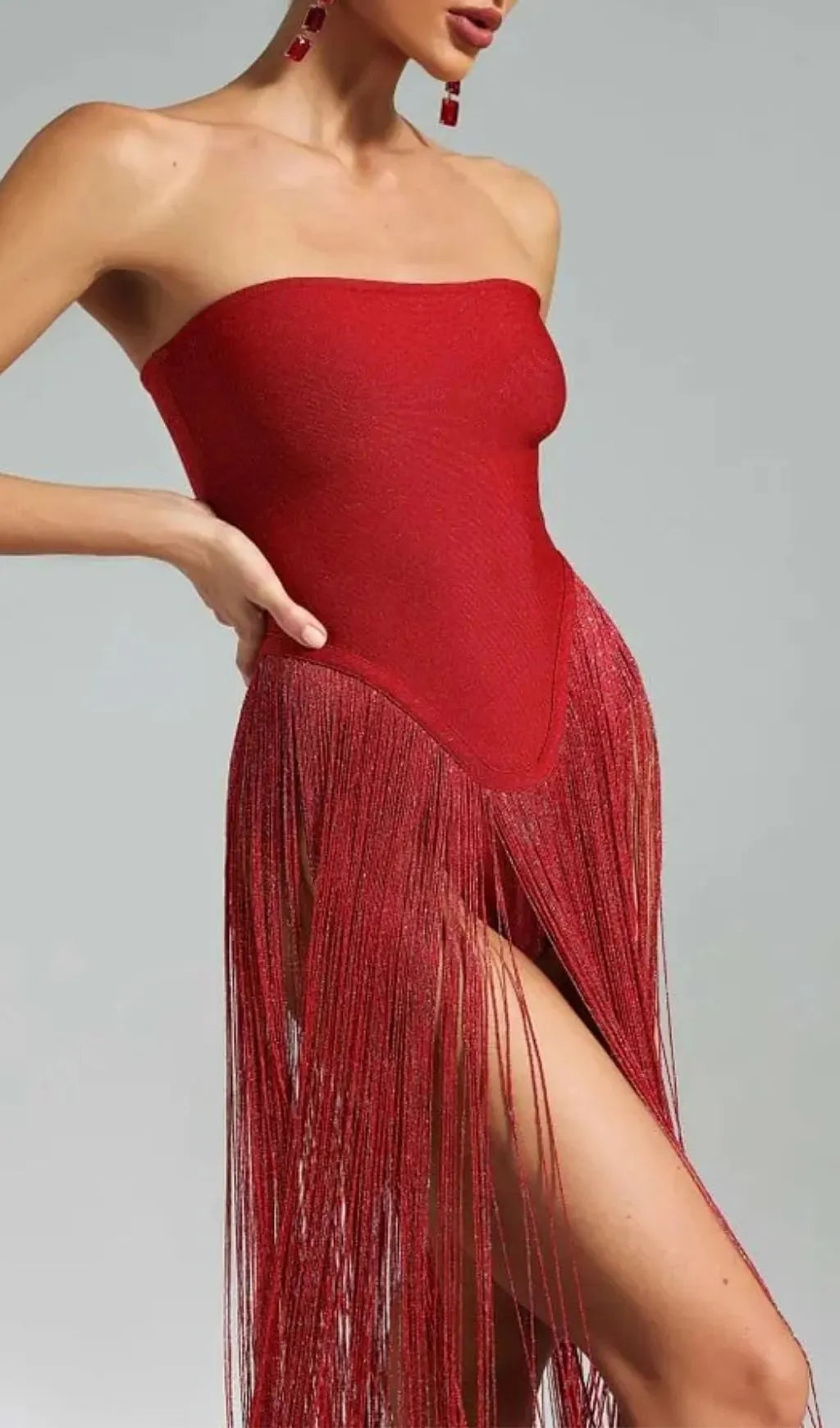 Helen Bodysuit Fringe Strapless Mini Dress In Red Flowering Girl
