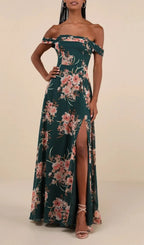 Emerald Green Floral Off-The-Shoulder Maxi Dress Flowering Girl