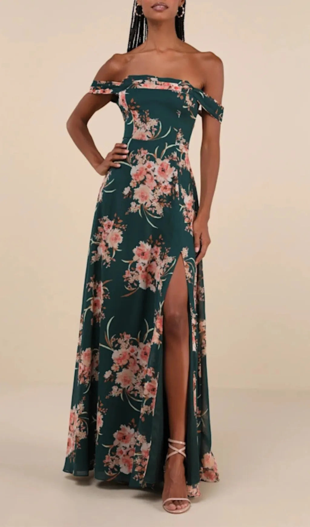 Emerald Green Floral Off-The-Shoulder Maxi Dress Flowering Girl