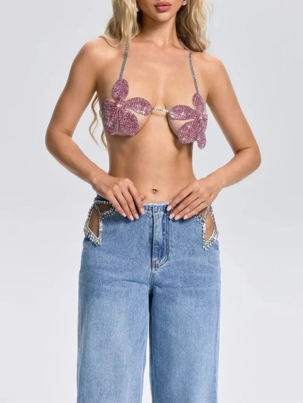 Fleta Halterneck Floral Rhinestone Top Flowering Girl