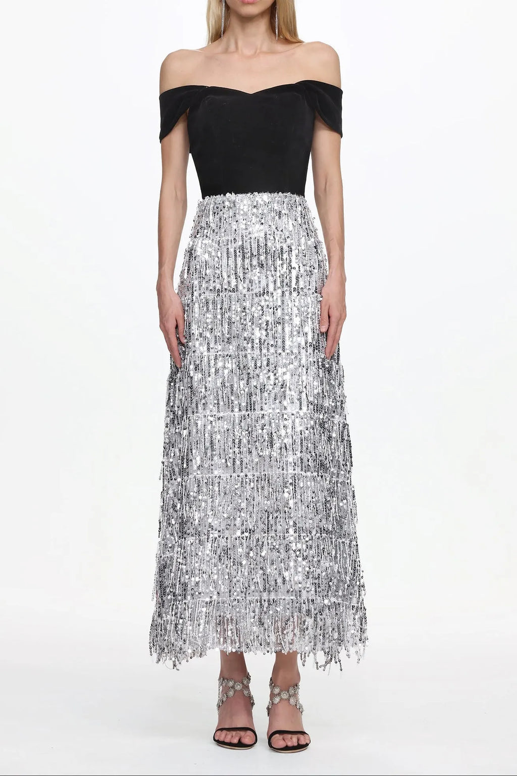 Merrit Off Shoulder Fringe Velvet Maxi Dress Flowering Girl