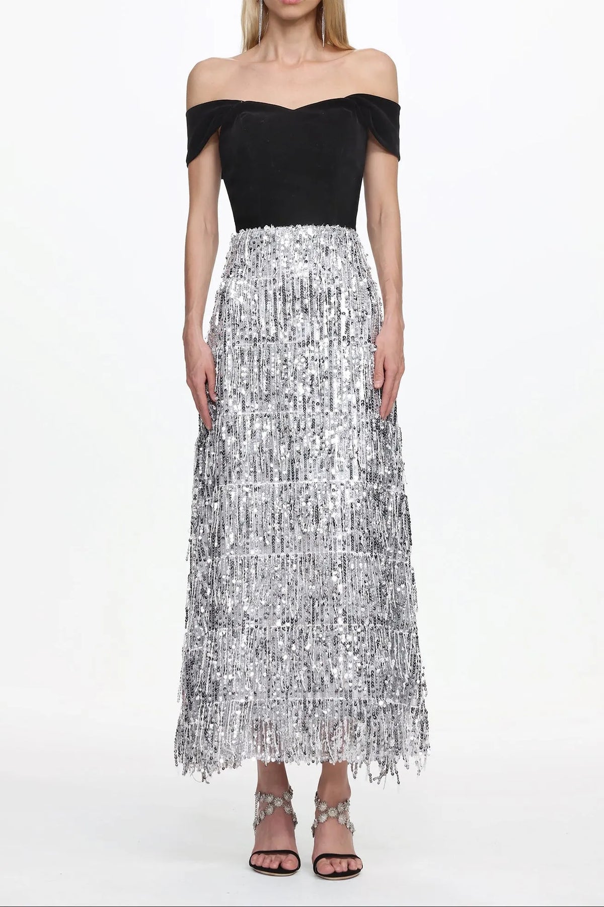Merrit Off Shoulder Fringe Velvet Maxi Dress Flowering Girl