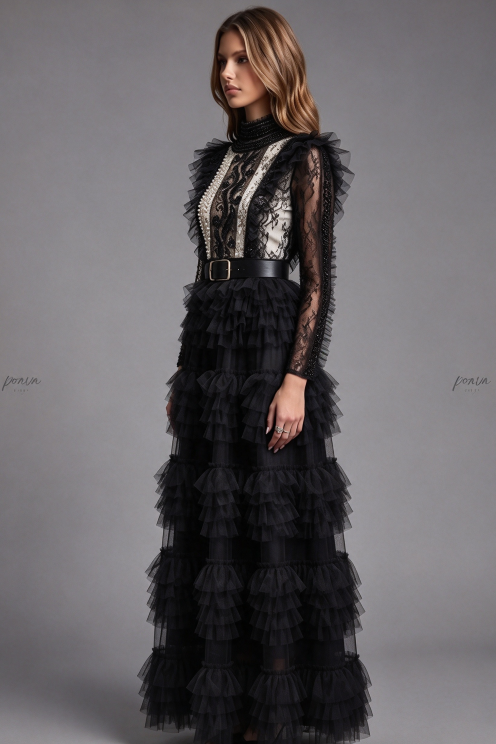 Black Tulle A-line Tiered Maxi Dress Flowering Girl