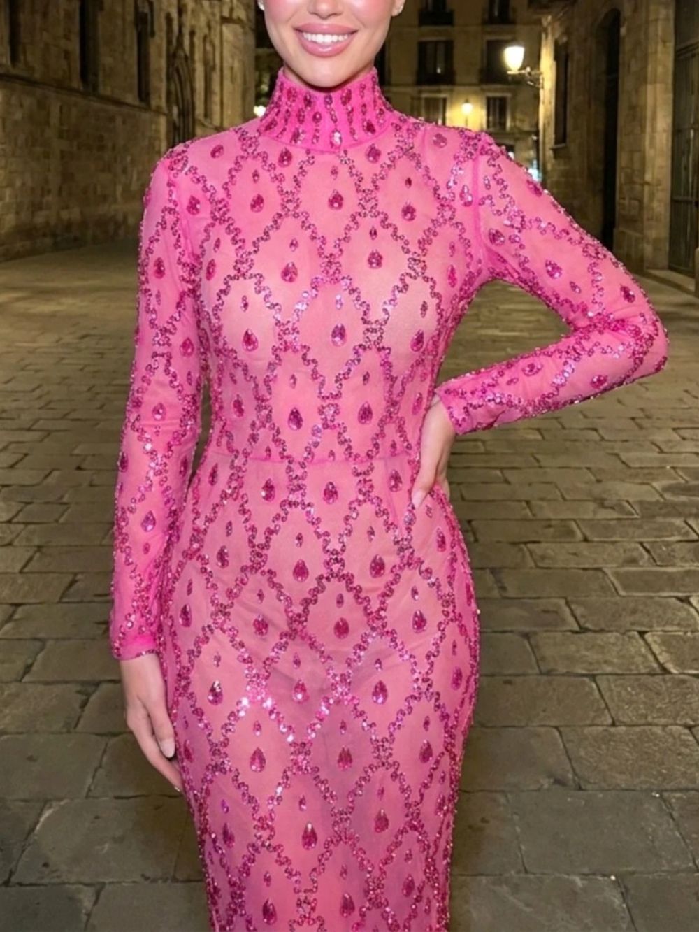 Long Sleeve Embellished Sequin Mesh Maxi Dress Hot Pink Flowering Girl