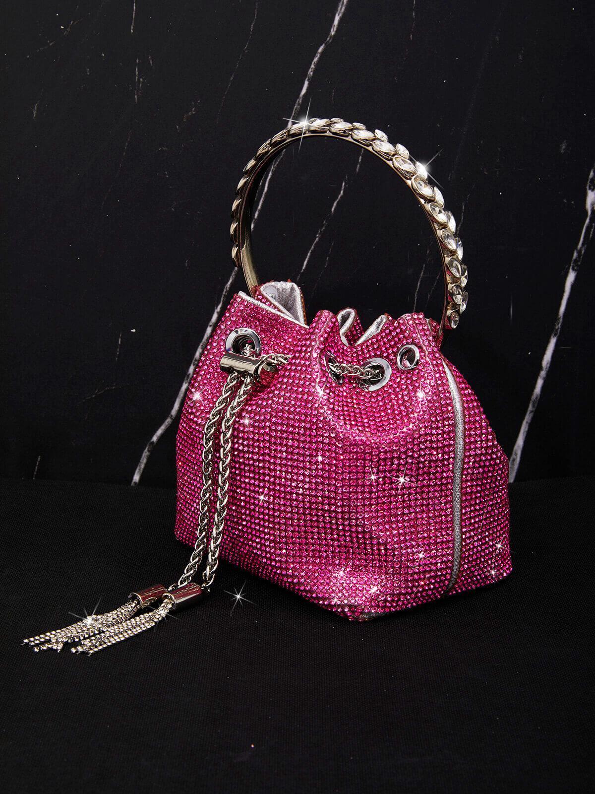 Crystal Embellished Bucket Bag In Hot Pink Flowering Girl